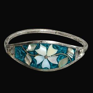 Vintage Girls Alpaca Silver Bangle Bracelet Abalone Aqua Inlay Floral Mexico 5.5